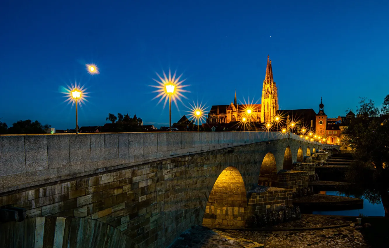 Photo wallpaper night, bridge, lights, river, home, Germany, lights, Regensburg