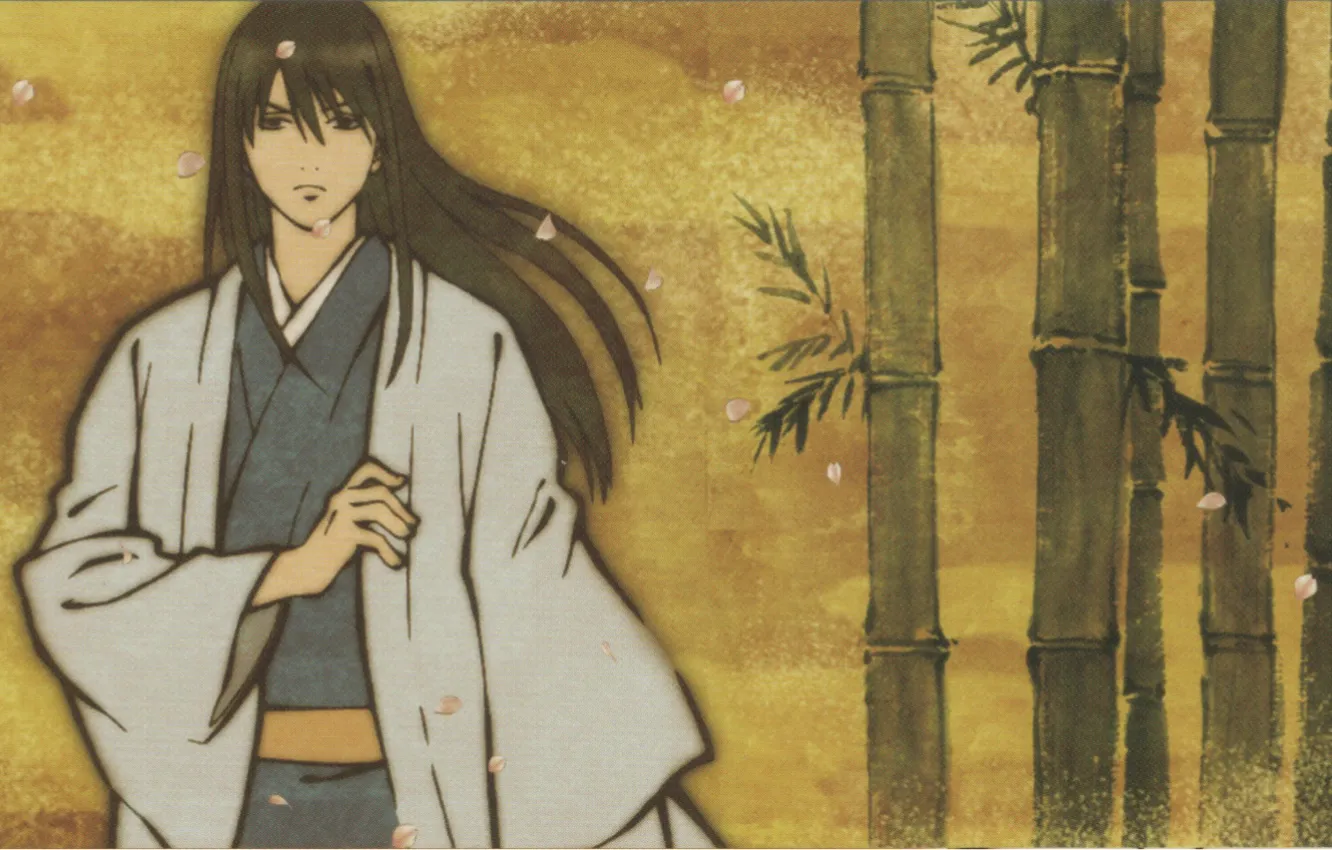 Photo wallpaper bamboo, petals, samurai, kimono, gintama, Gintama, silver soul, kotarou katsura