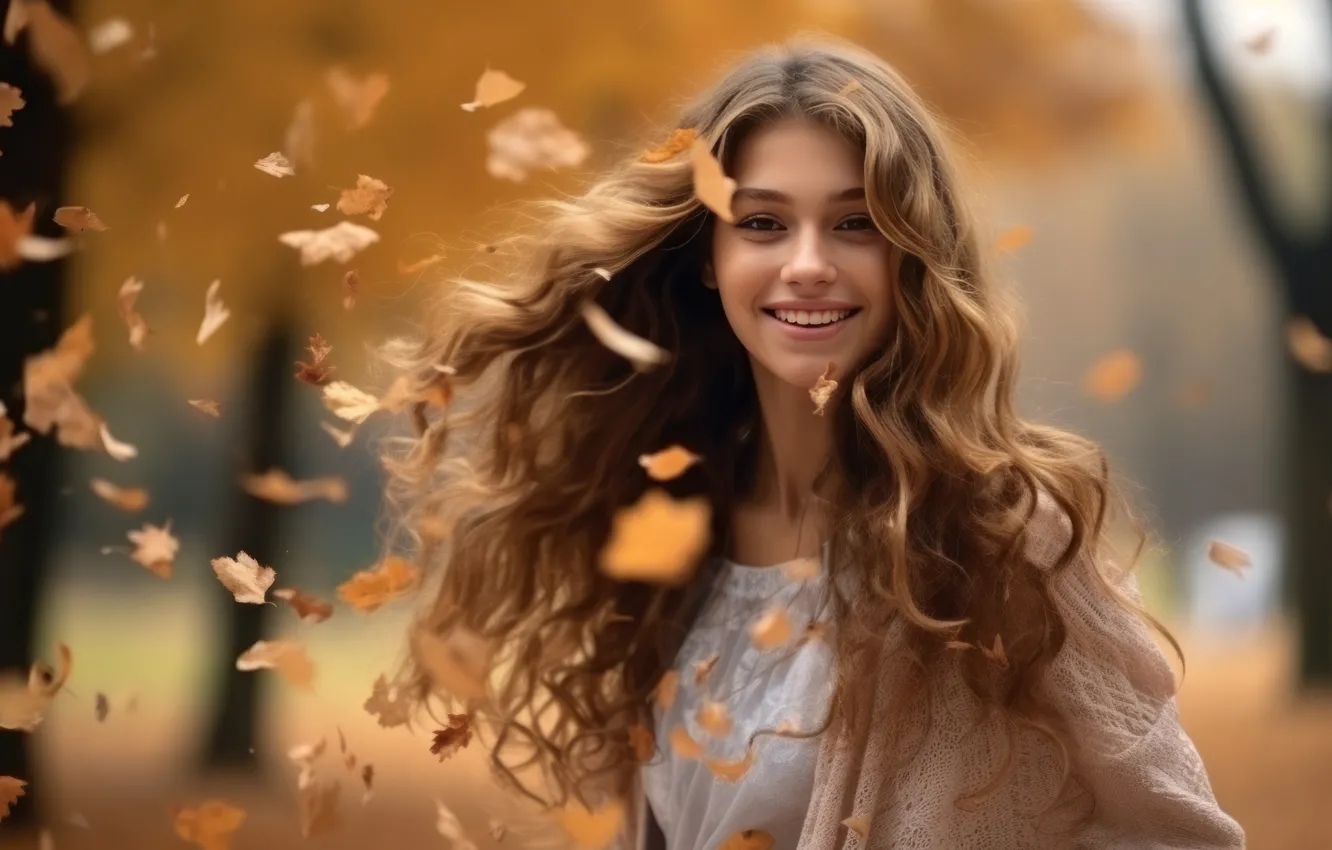Photo wallpaper autumn, look, girl, nature, face, smile, Park, the wind
