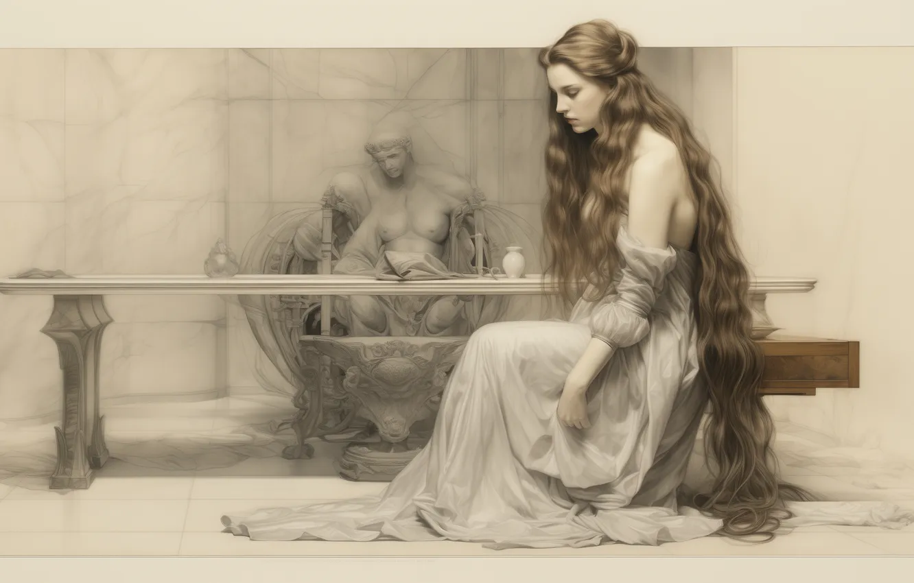 Photo wallpaper girl, table, figure, dress, sculpture, hall, sitting, shoulders