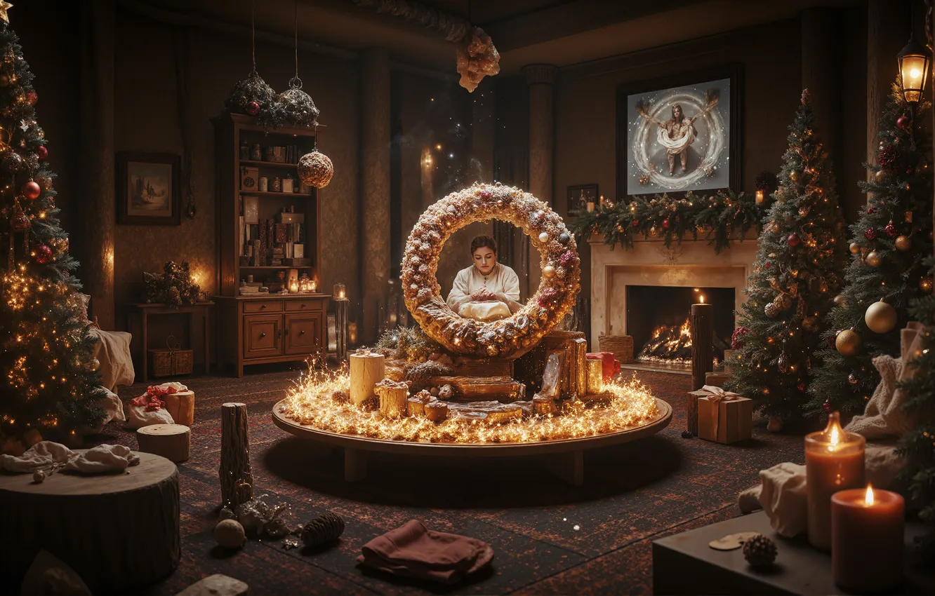 Photo wallpaper girl, table, room, new year, candles, ring, Christmas, wreath