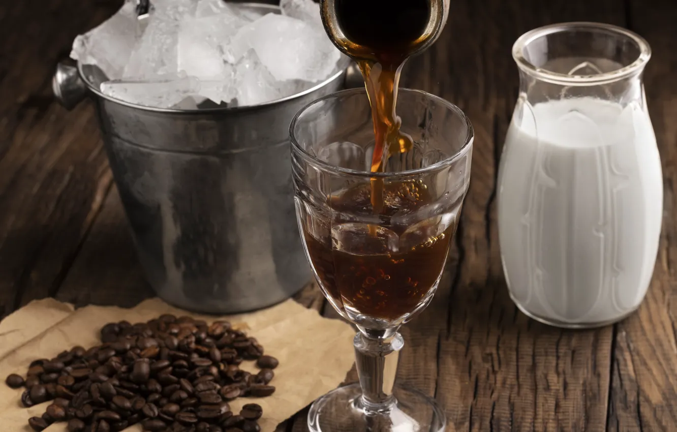 Photo wallpaper ice, paper, Board, glass, coffee, milk, bucket, Bank