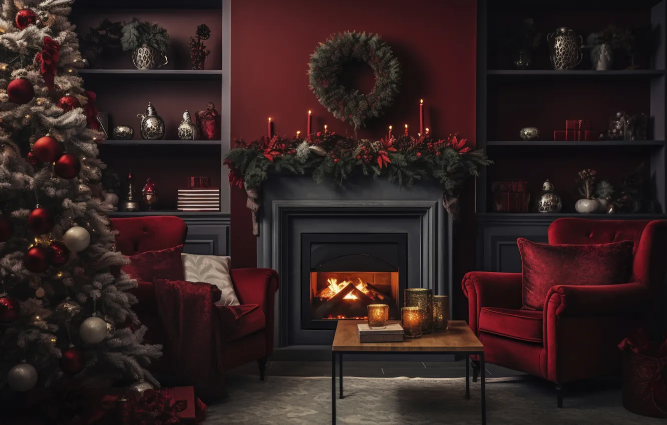 Photo wallpaper room, tree, new year, interior, Christmas, fireplace, Christmas, tree
