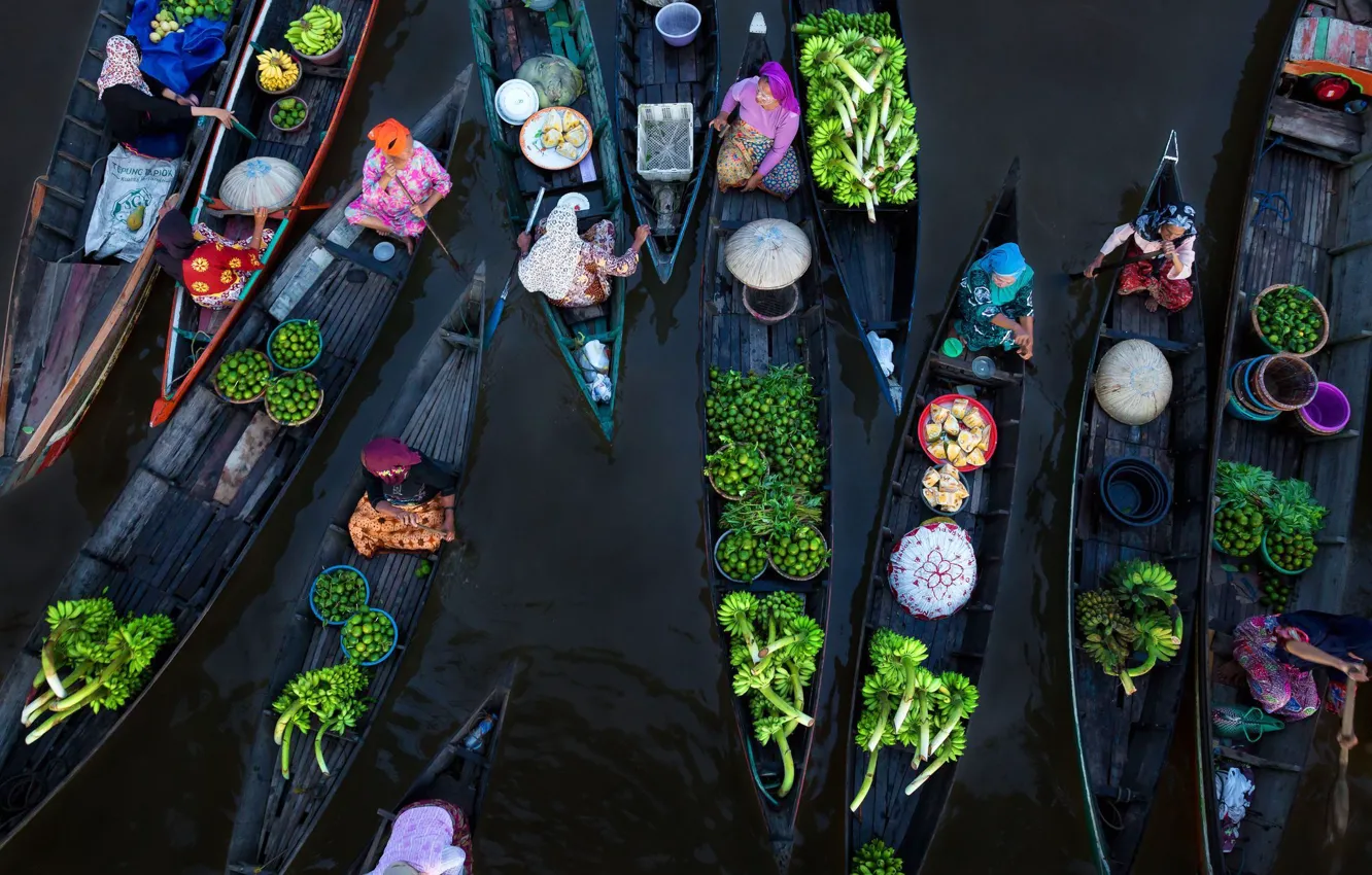 Photo wallpaper boats, Indonesia, trade, floating market, Lock-Bunyan, the martapura river