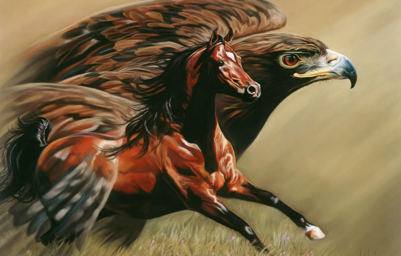 Photo wallpaper eagle, horse, figure, painting