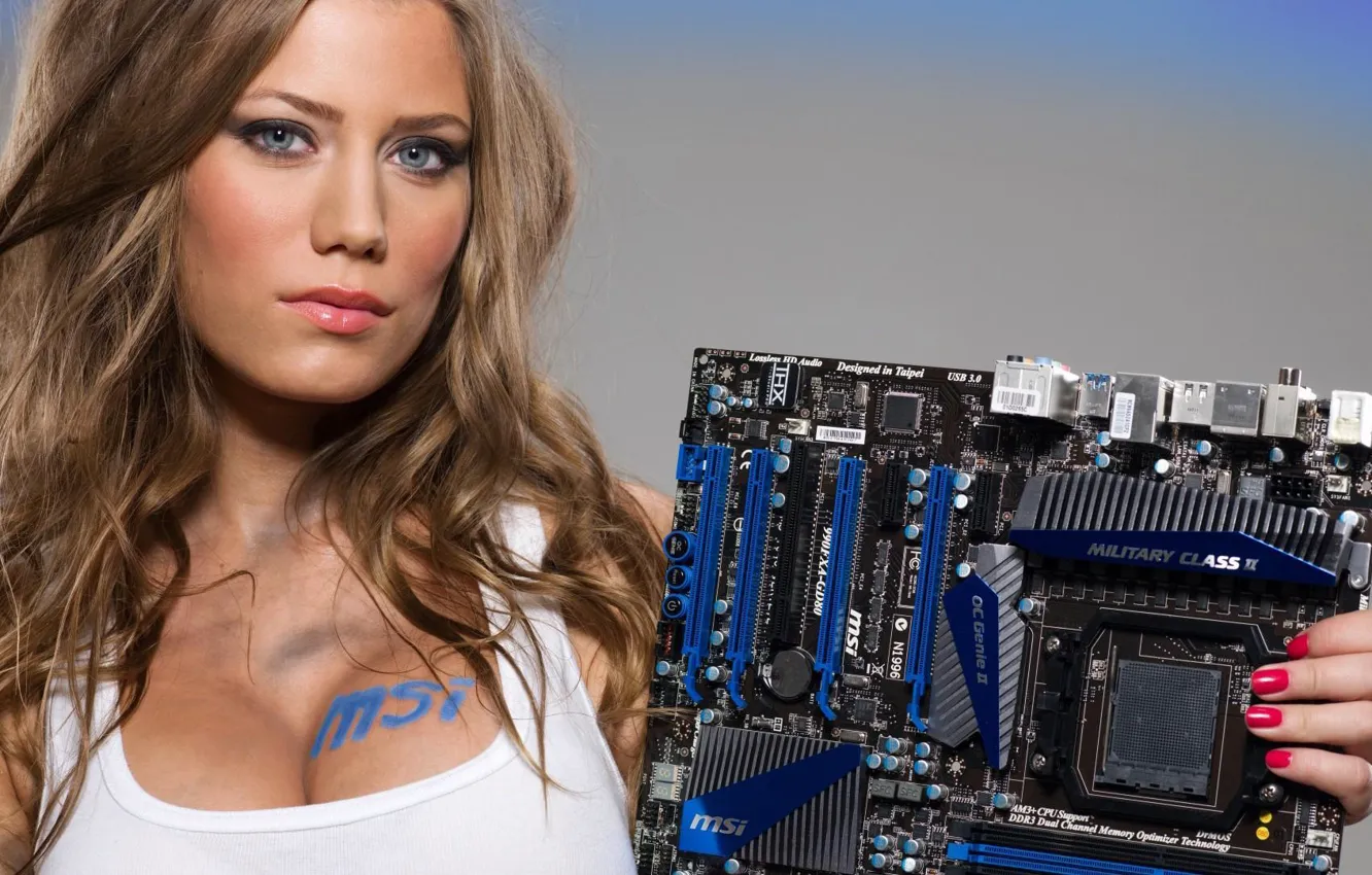 Photo wallpaper Sexy, Boobs, Motherboard MSI, Blue eyes, extreme hot