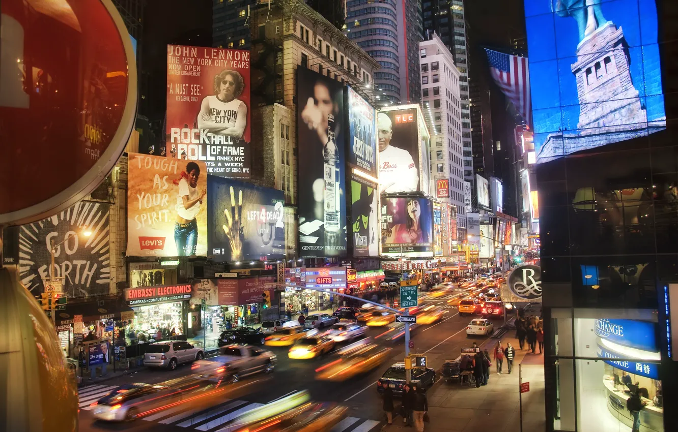 Photo wallpaper machine, night, skyscrapers, Times Square at Night, New York