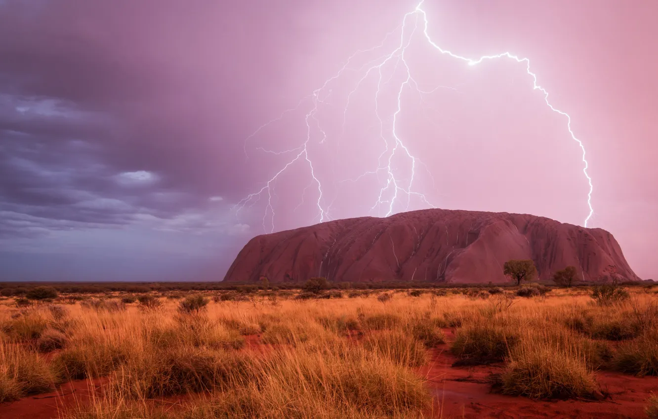 Photo wallpaper the sky, clouds, clouds, zipper, lightning, mountain, Australia, Uluru