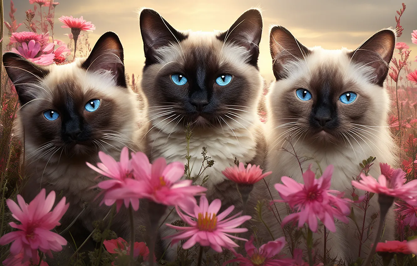 Photo wallpaper cat, summer, look, flowers, pose, three, pink, kitty