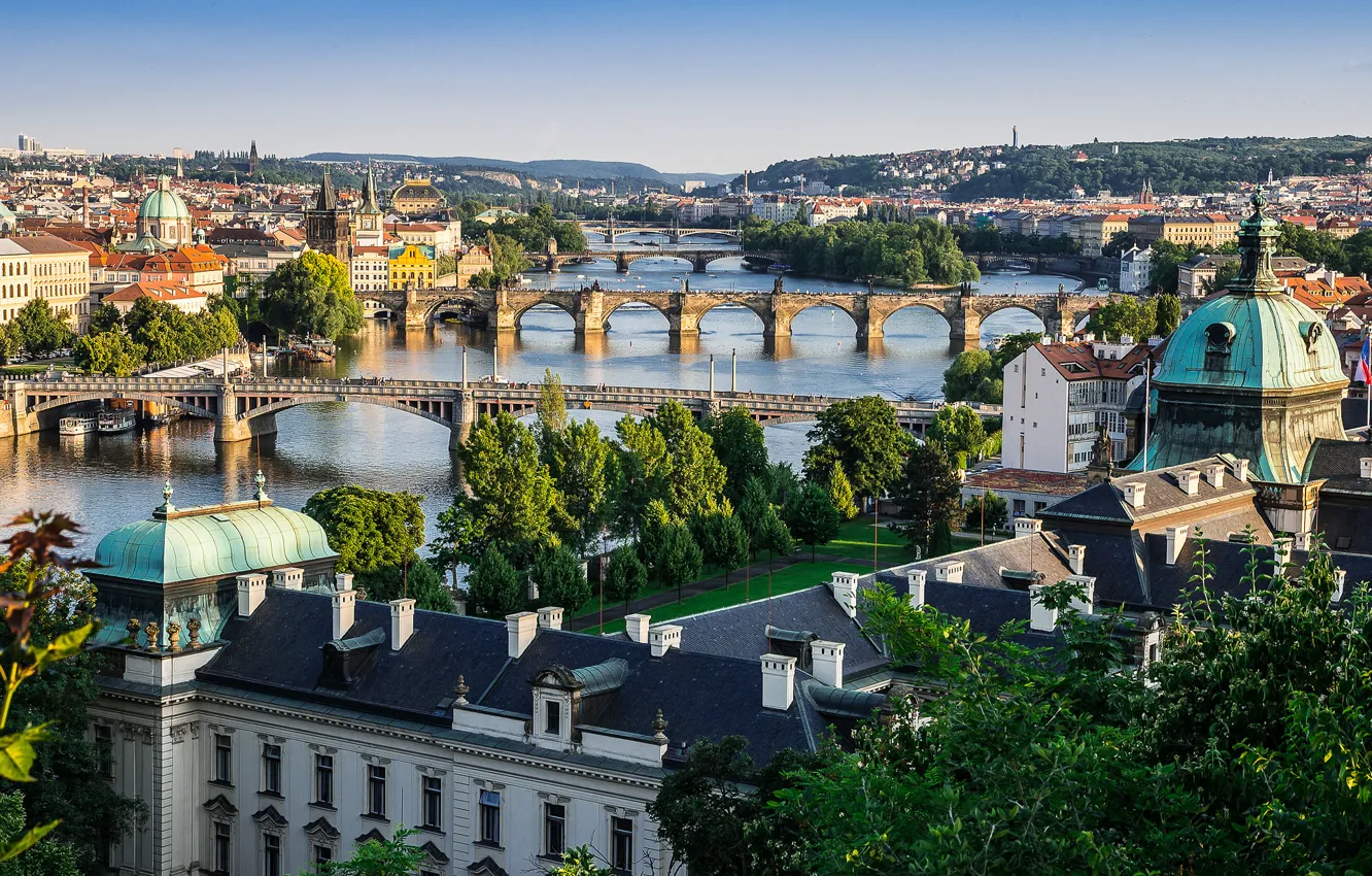 Photo wallpaper the sky, bridge, home, Prague, Czech Republic, panorama, the Vltava river