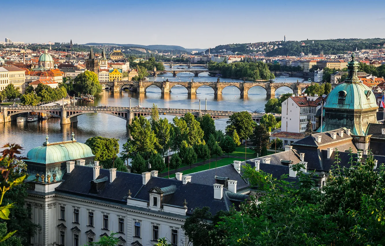 Photo wallpaper the sky, home, Prague, Czech Republic, panorama, bridges, the Vltava river