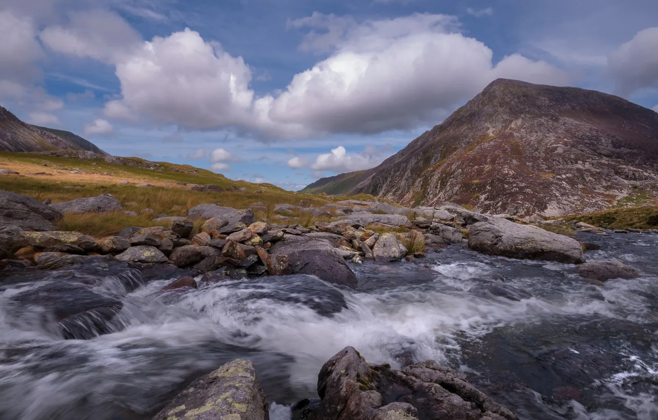 Photo wallpaper Snowdonia, Wales, landscape, river, stones, mountains
