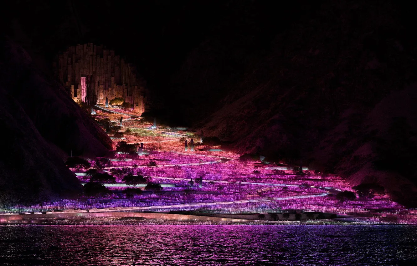 Photo wallpaper road, night, Neon, Saudi Arabia, neom, ligts, architecture workshop, utamo