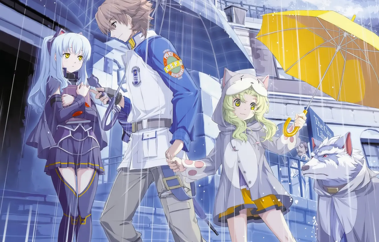 Photo wallpaper girl, the city, rain, animal, people, dog, umbrella, anime