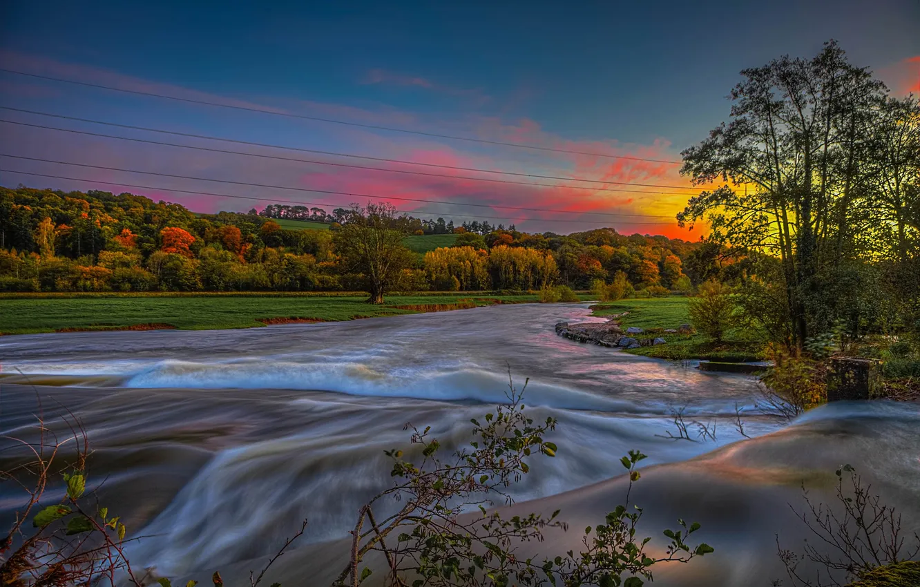 Photo wallpaper autumn, the sky, clouds, trees, sunset, river
