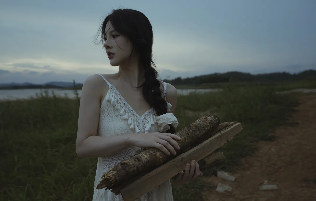 Photo wallpaper river, woman, water, beautiful, lake, evening, model, pretty