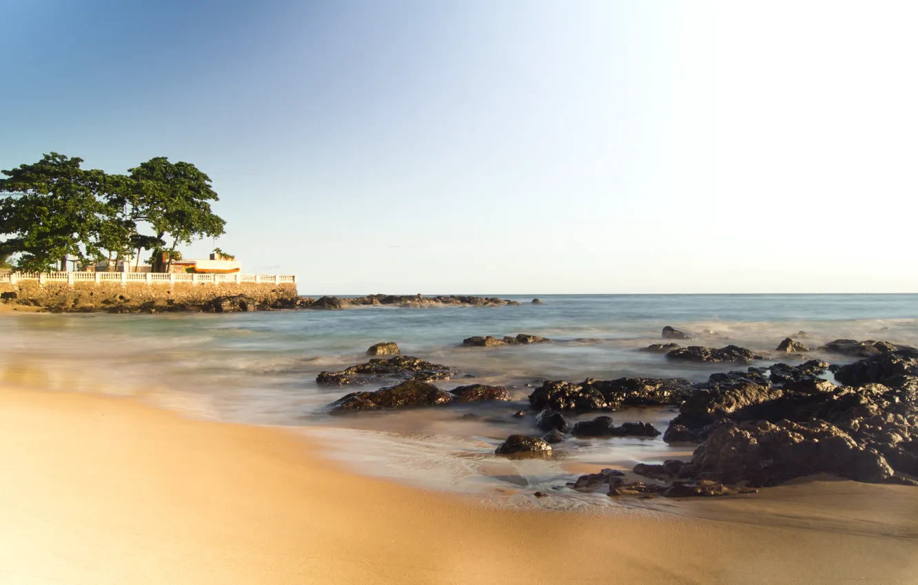 Photo wallpaper Brazil, Baja, beach, sea, Salvador, blue sky, horizon, stones