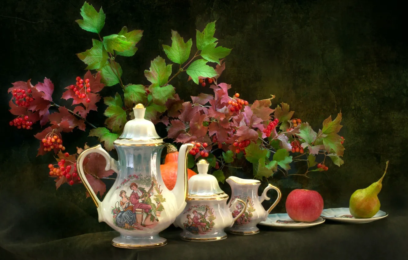 Photo wallpaper apples, pear, tea set, hawthorn