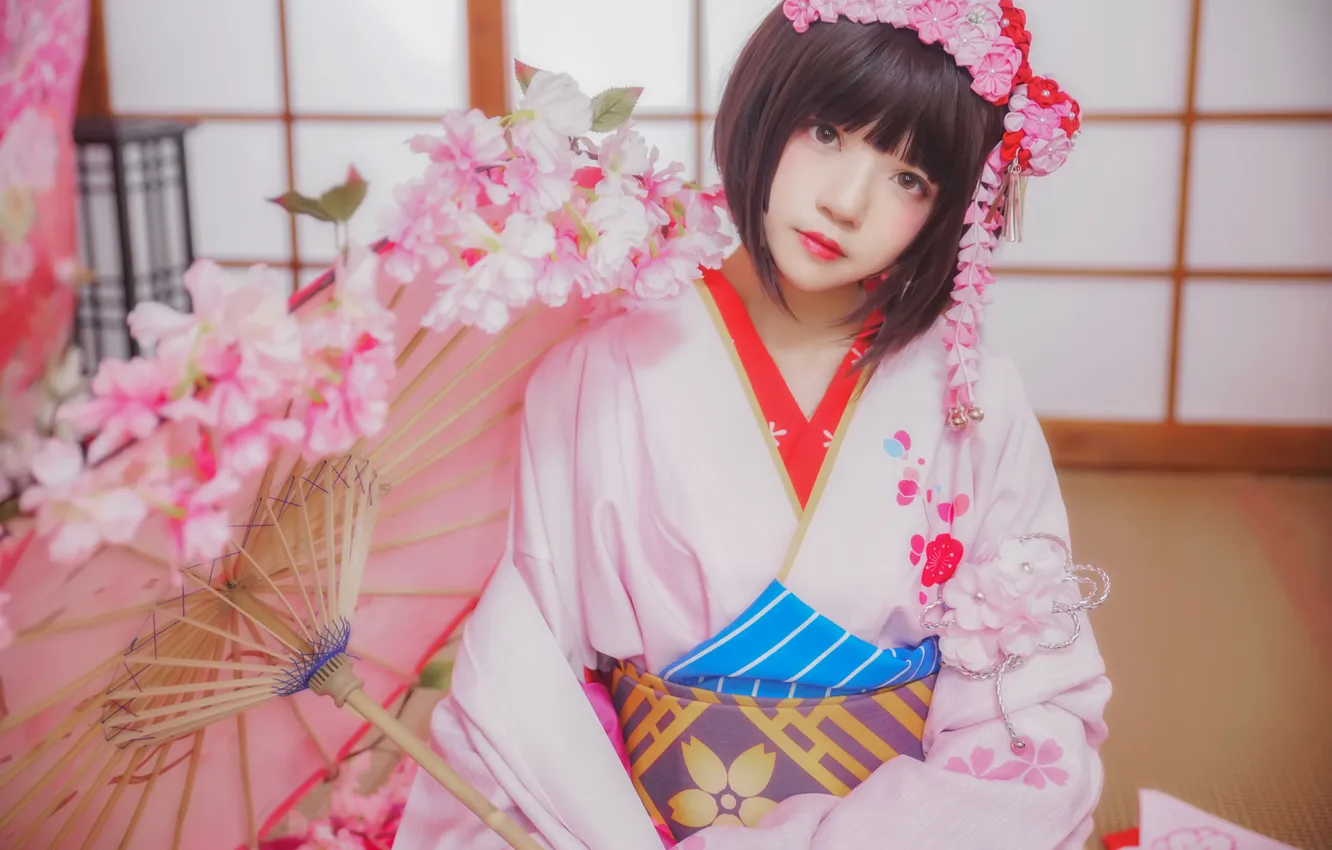 Photo wallpaper flowers, pose, model, umbrella, kimono, Asian, beauty, model