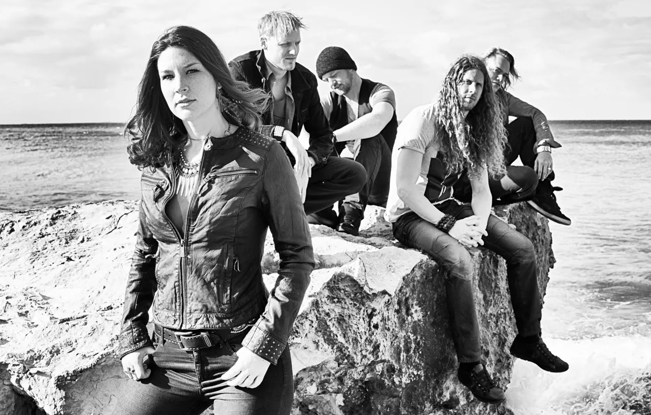 Photo wallpaper stone, group, jacket, redhead, Delain, sitting, Charlotte Wessels