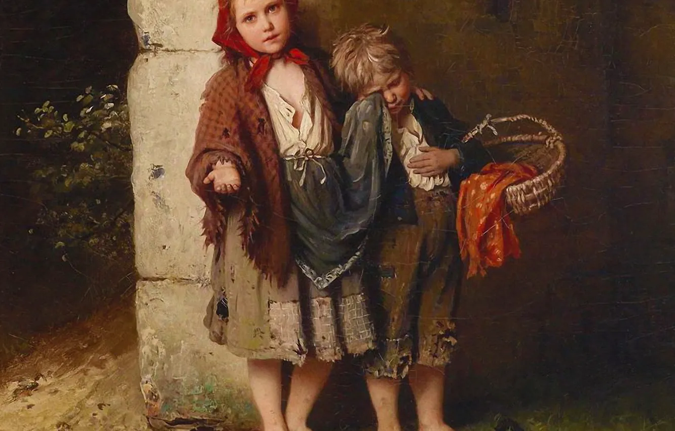 Photo wallpaper life, children, painting, beggar, Mercy