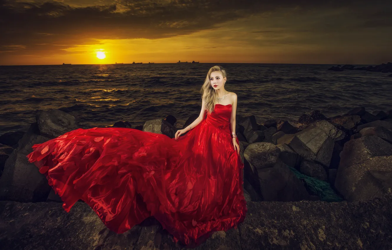Photo wallpaper sea, girl, sunset, style, stones, dress, Asian, red dress