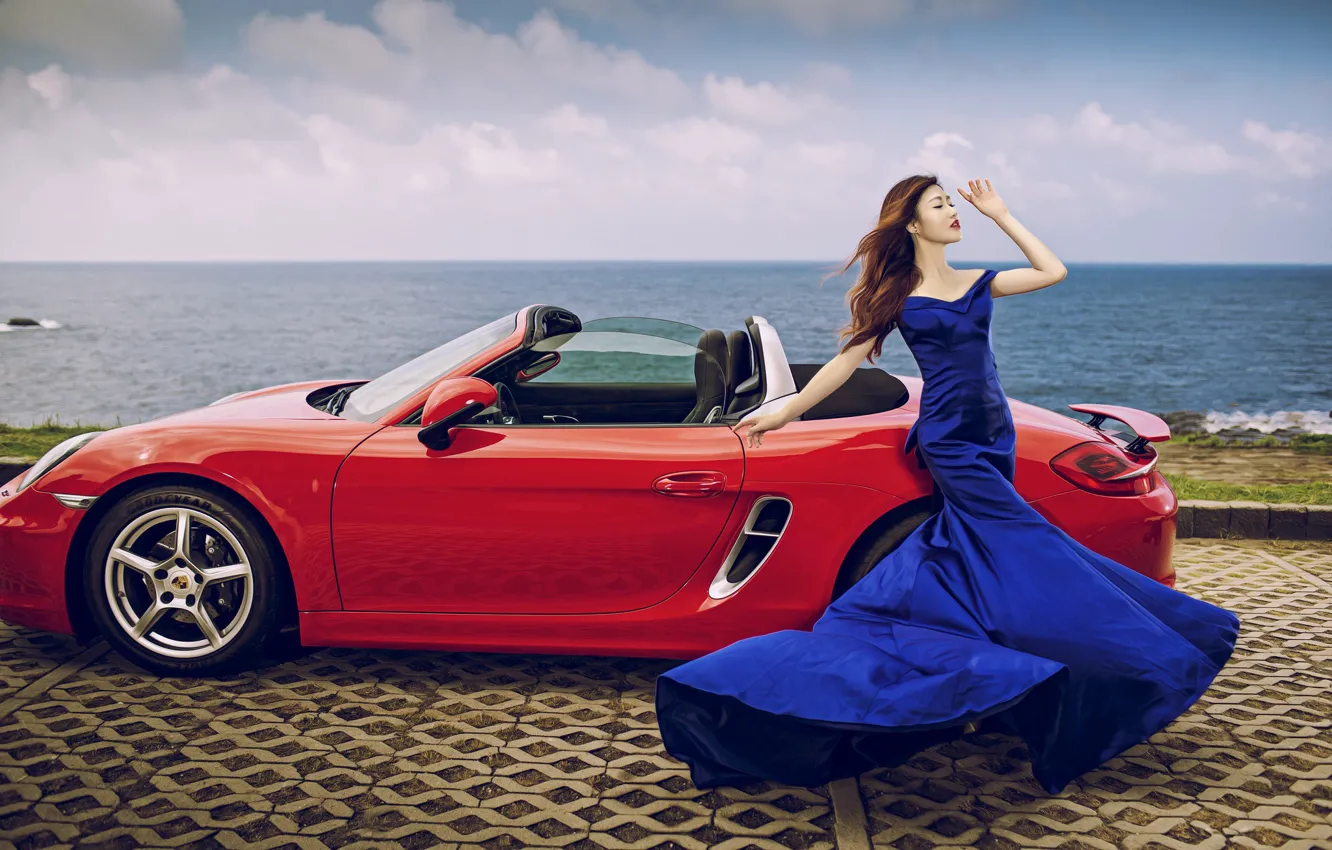 Photo wallpaper sea, machine, auto, girl, pose, style, Porsche, figure