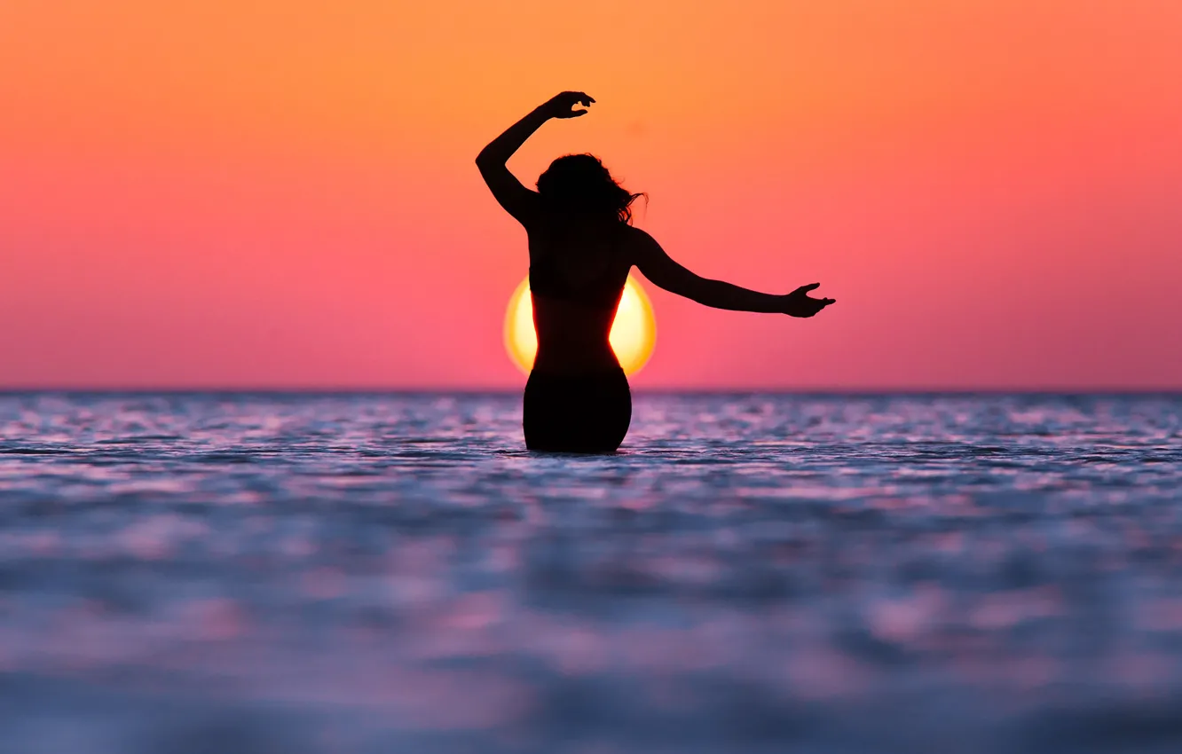 Photo wallpaper sea, the sun, sunset, Girl, figure, silhouette