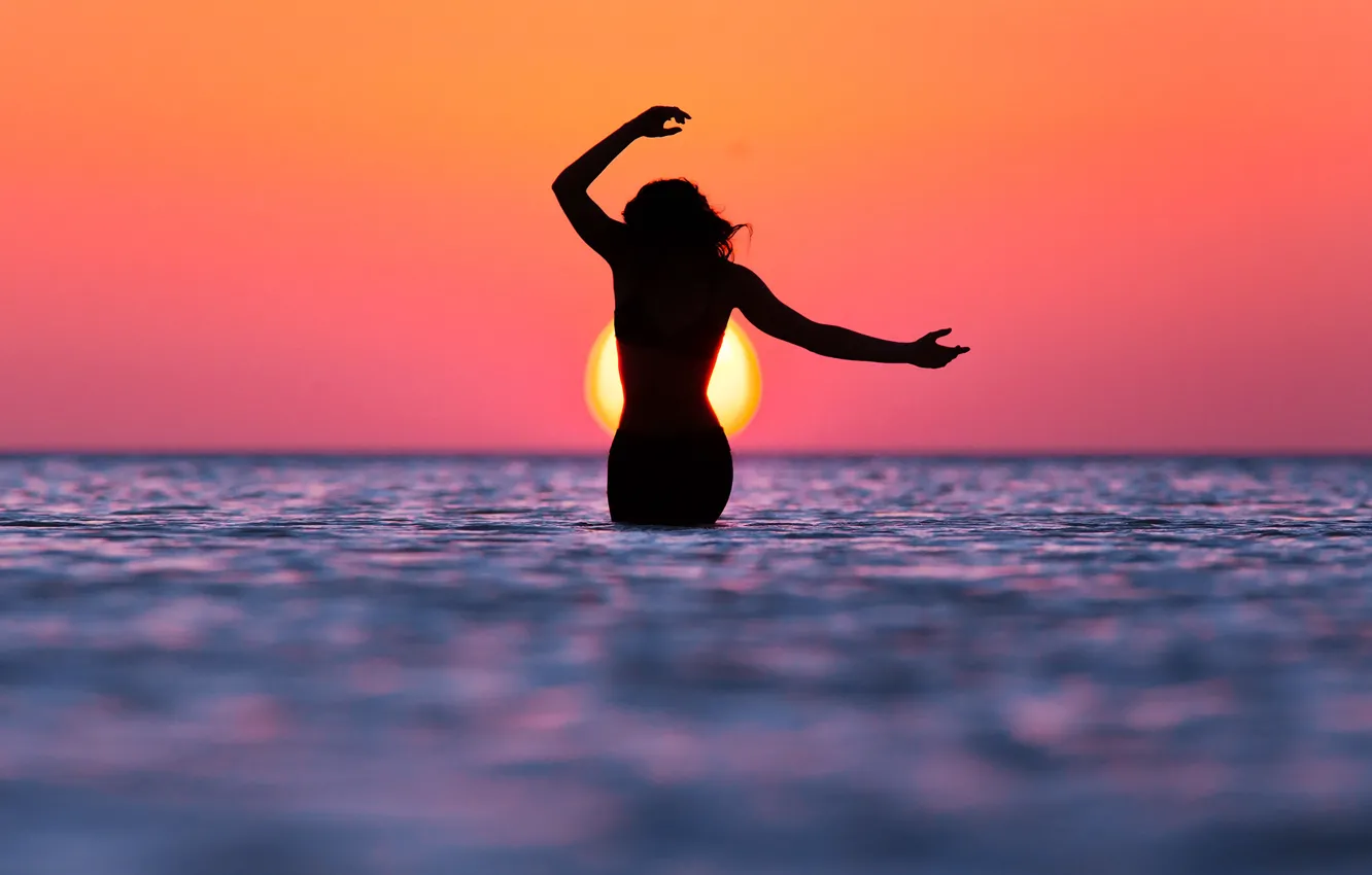 Photo wallpaper sea, girl, the sun, sunset, figure, silhouette