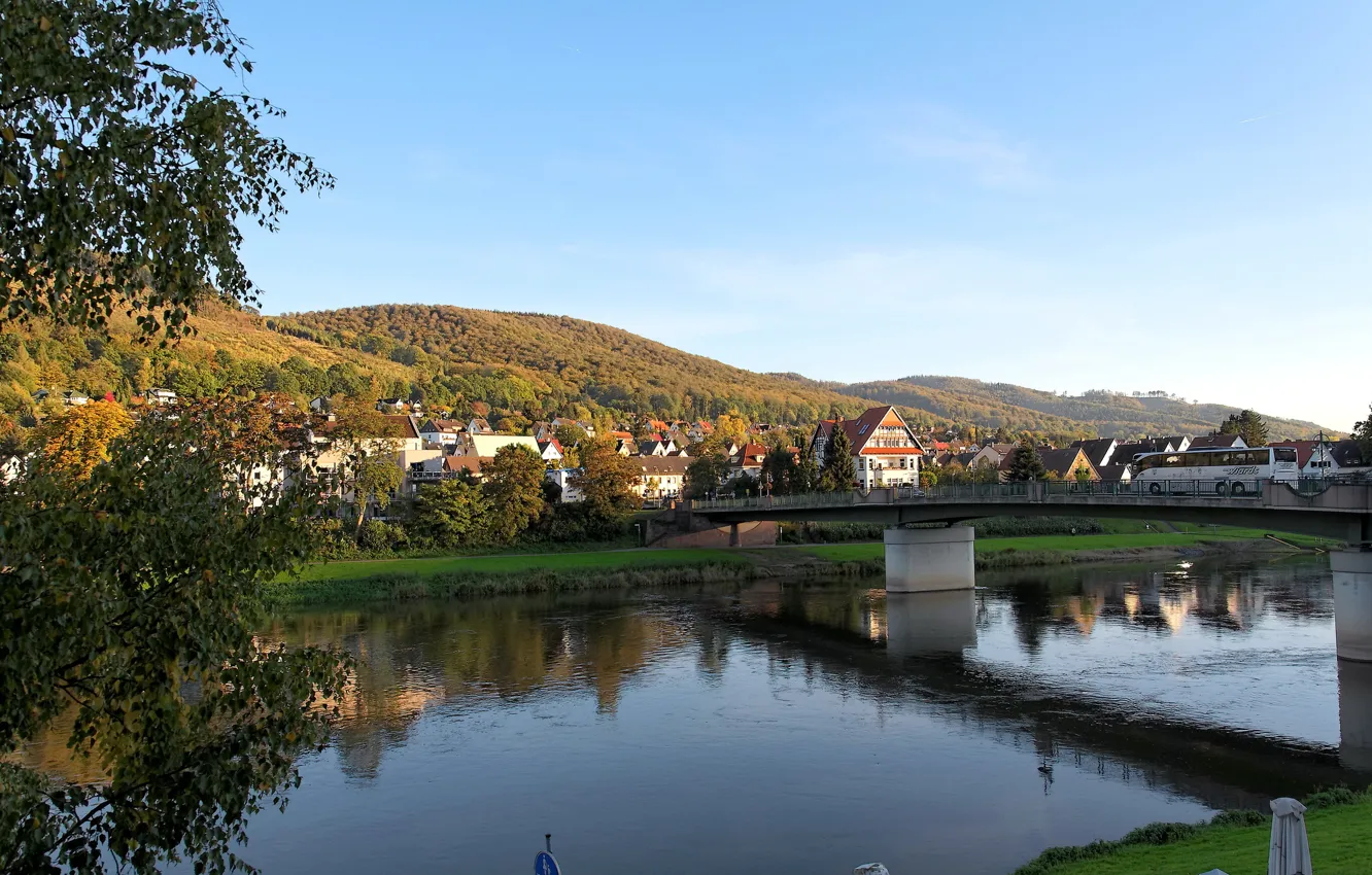 Photo wallpaper mountains, bridge, the city, river, home, Germany, Bodenwerder