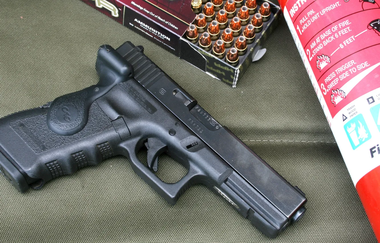 Photo wallpaper gun, tuning, cartridges, Glock, a fire extinguisher