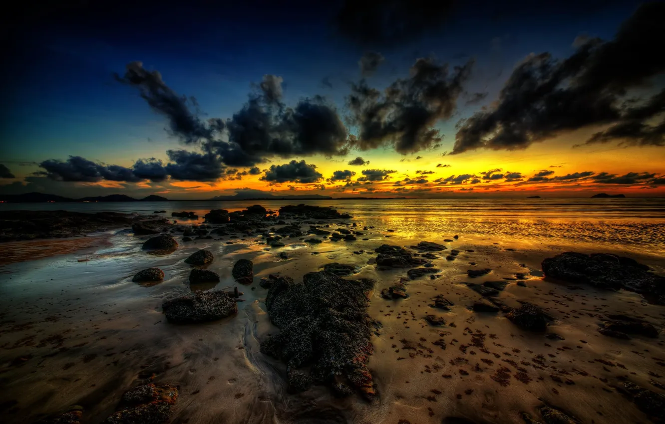 Photo wallpaper sea, clouds, sunset, shore, Golden Hour