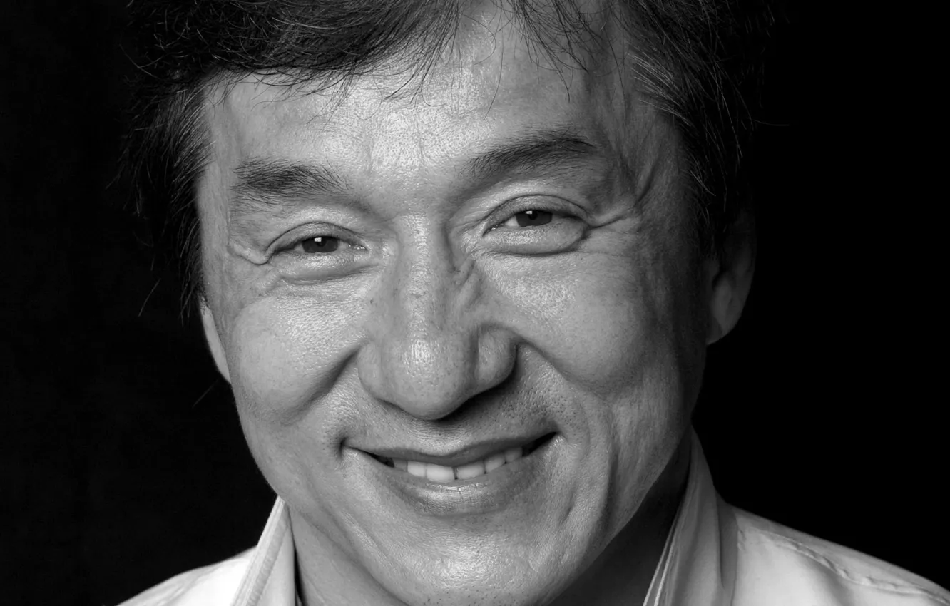 Photo wallpaper smile, actor, Jackie Chan, facial expressions, Jackie Chan, black and white photo