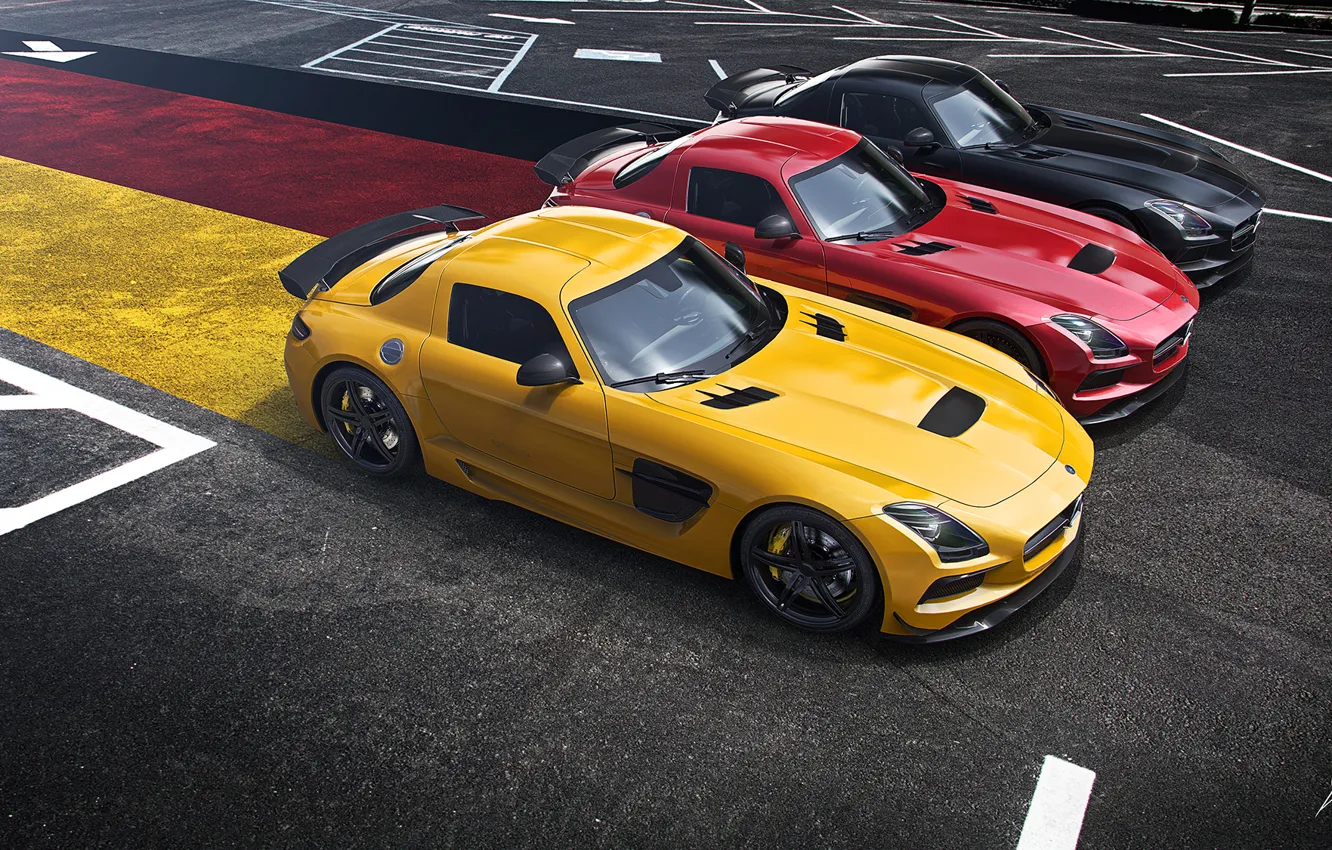 Photo wallpaper Mercedes-Benz, German, Red, AMG, Black, SLS, Yellow, Widescreen