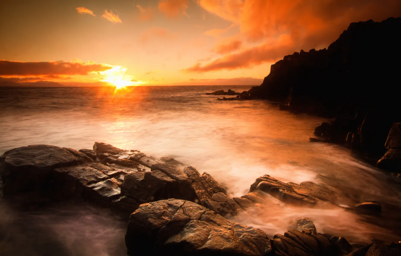 Photo wallpaper sea, sunset, stones, rocks, shore