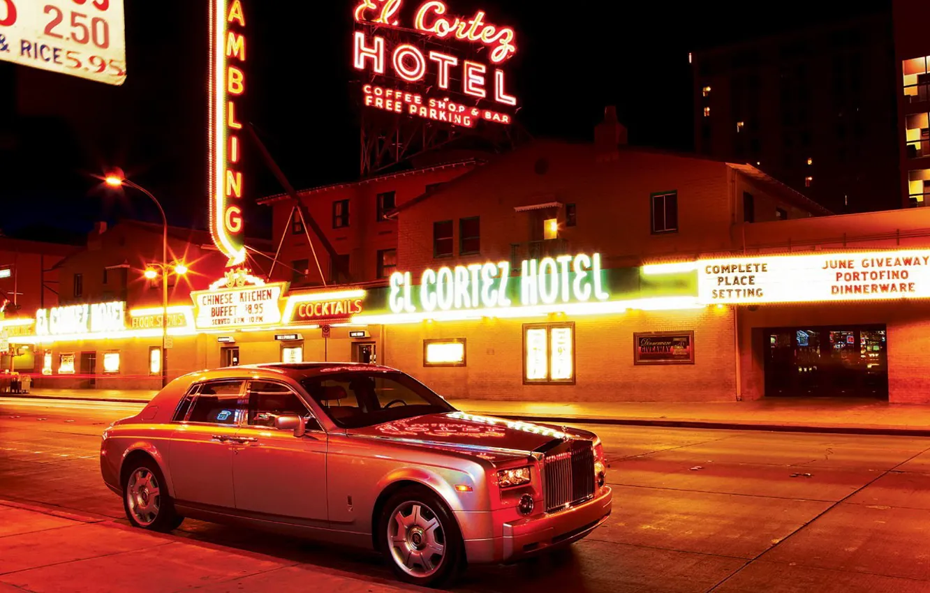 Photo wallpaper night, Neon, Rolls-Royce, Phantom, advertising