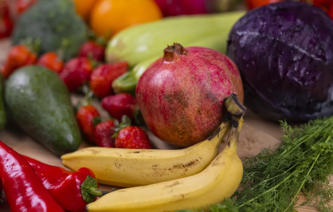 Photo wallpaper bananas, fruit, vegetables, different, garnet, cuts
