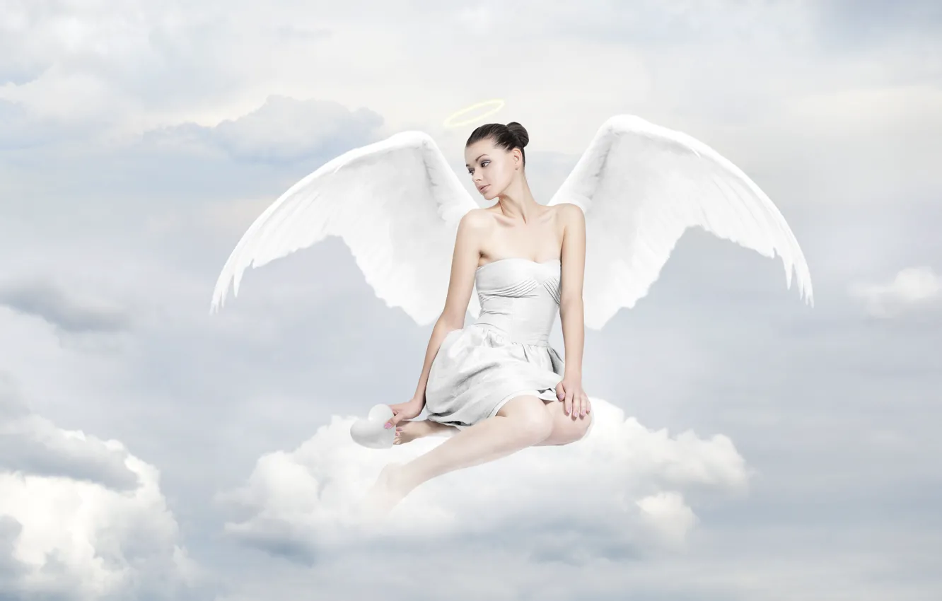 Photo wallpaper girl, white, sky, wings, beautiful, clouds, people, angel