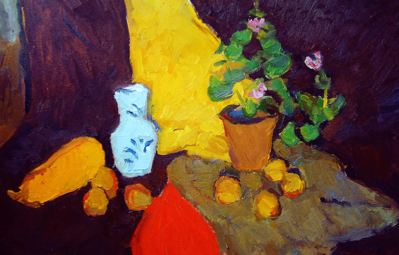 Photo wallpaper 2006, vase, still life, purple flowers, The petyaev, yellow zucchini