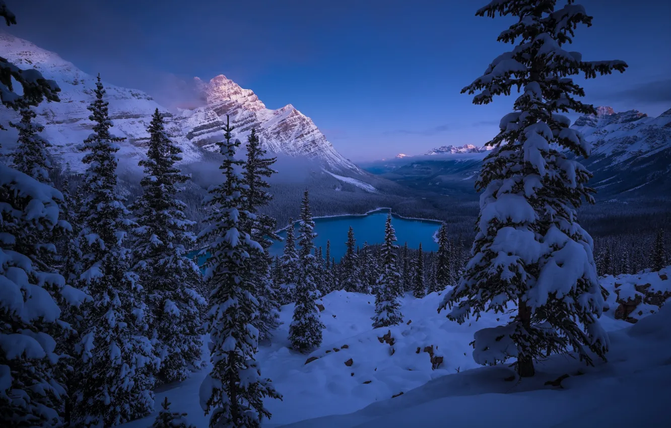 Photo wallpaper winter, snow, mountains, lake, ate, Canada, panorama, Albert