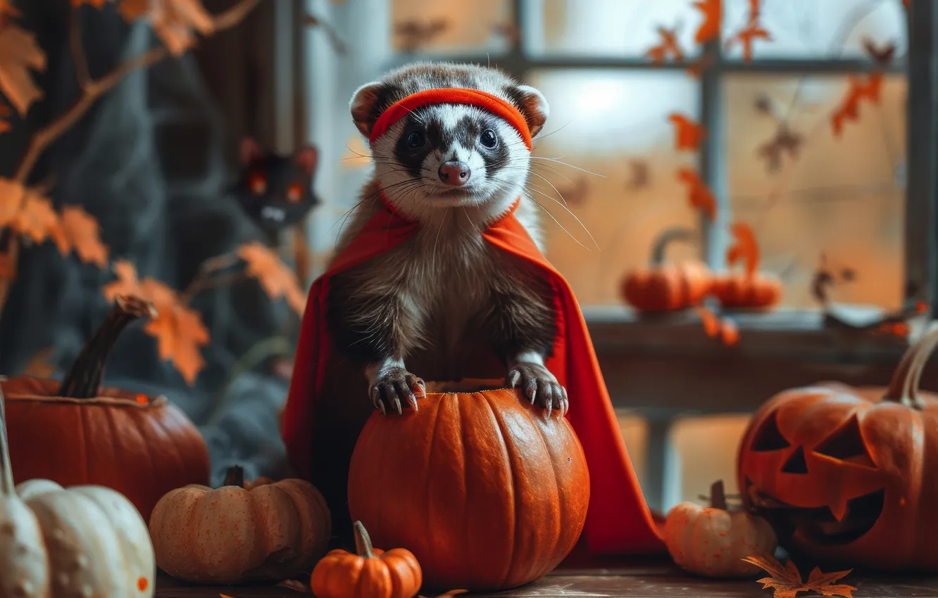 Photo wallpaper Halloween, neural network, look, holiday, AI art, ferret, autumn, the scenery