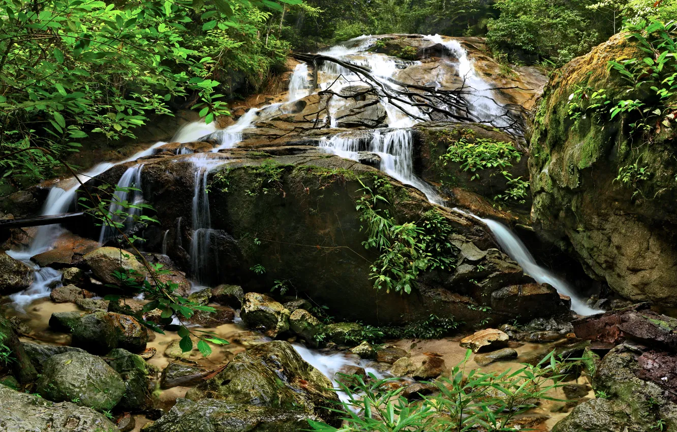 Photo wallpaper nature, rocks, shore, waterfall, stream