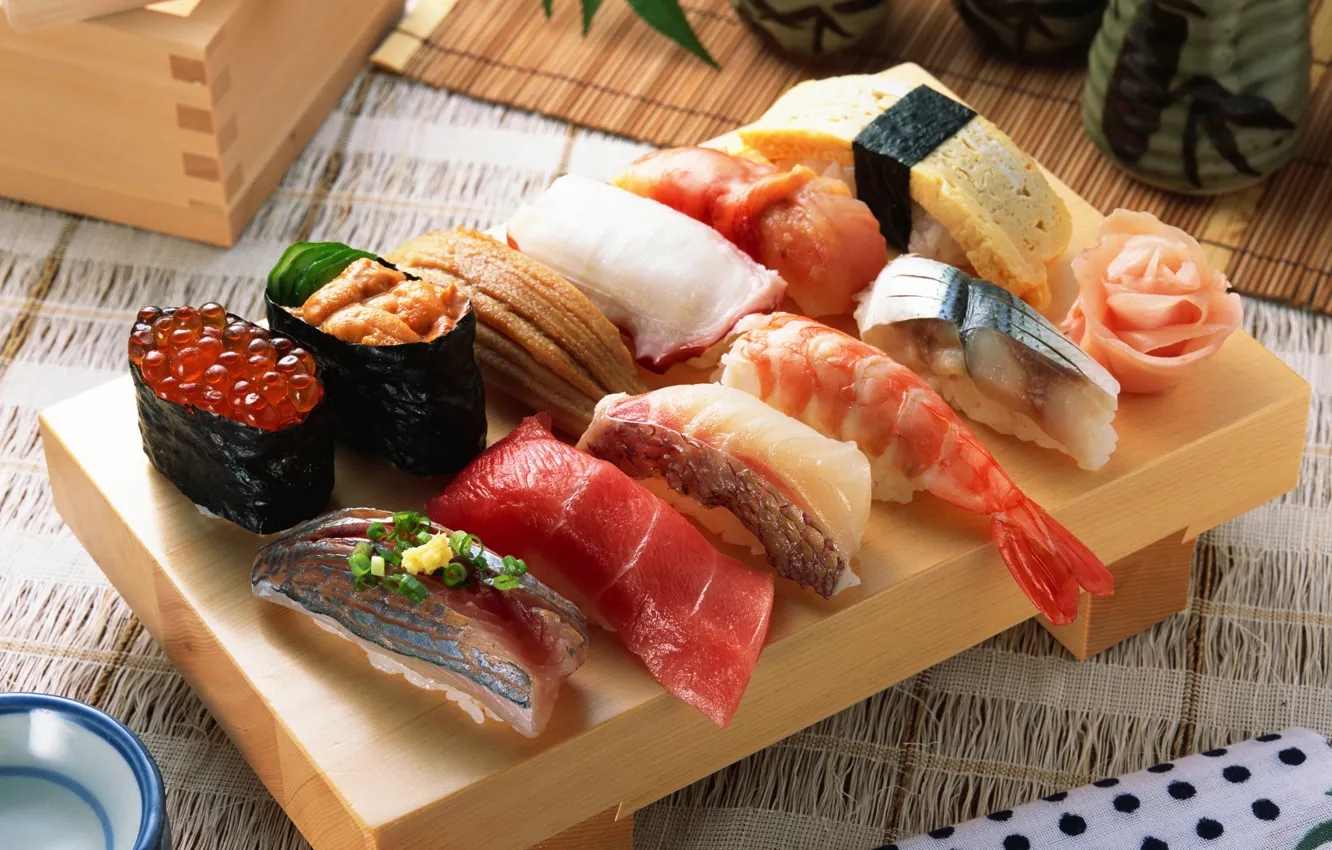 Photo wallpaper fish, caviar, sushi, sushi, fish, rolls, seafood, caviar