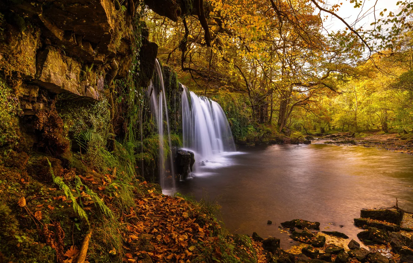 Photo wallpaper autumn, trees, river, England, waterfall, England, Wales, Wales