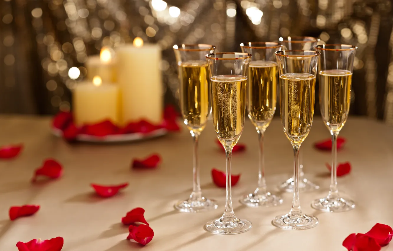 Photo wallpaper red, holiday, glass, roses, candles, petals, champagne