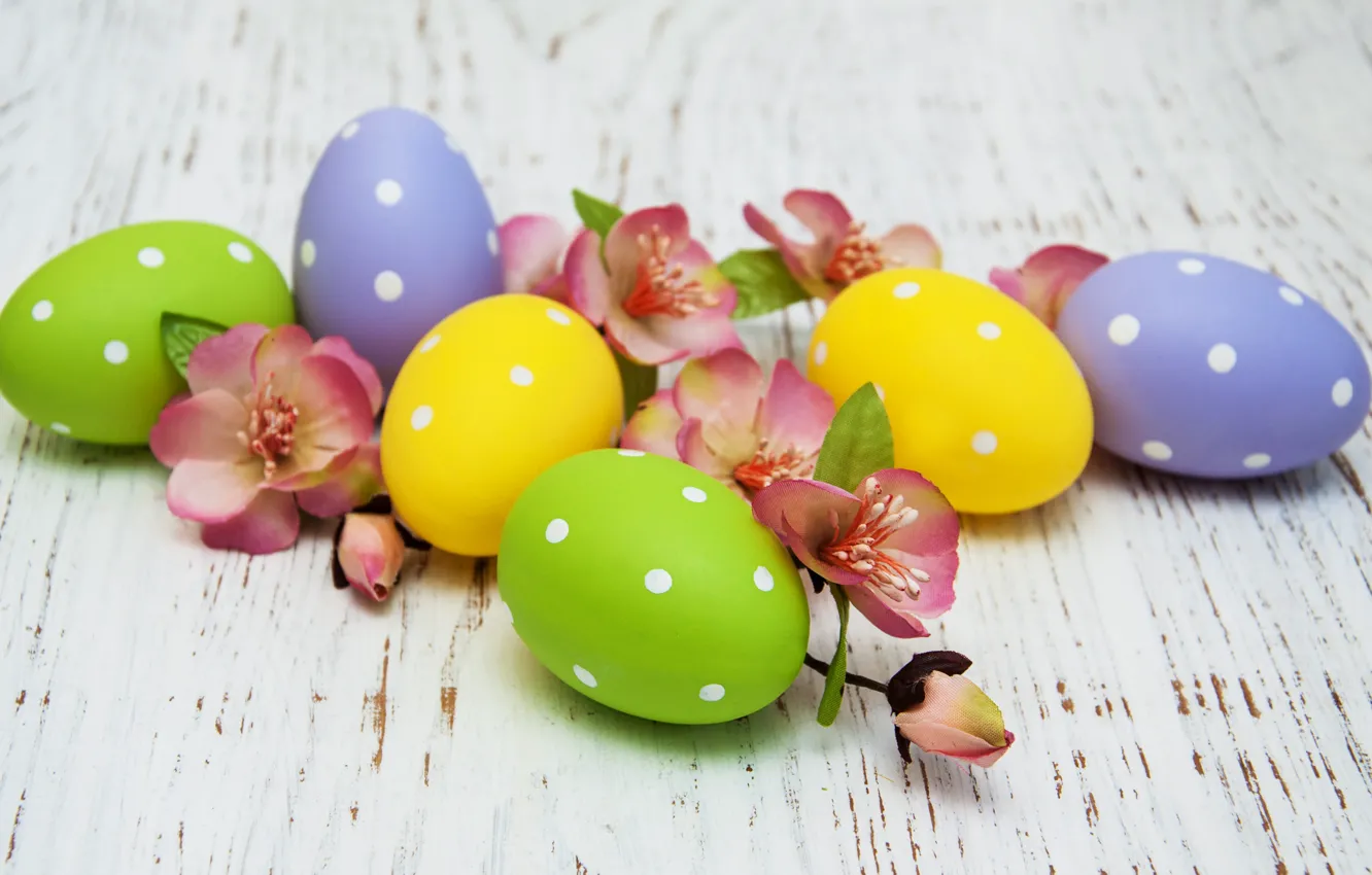 Photo wallpaper flowers, eggs, spring, colorful, Easter, wood, pink, blossom