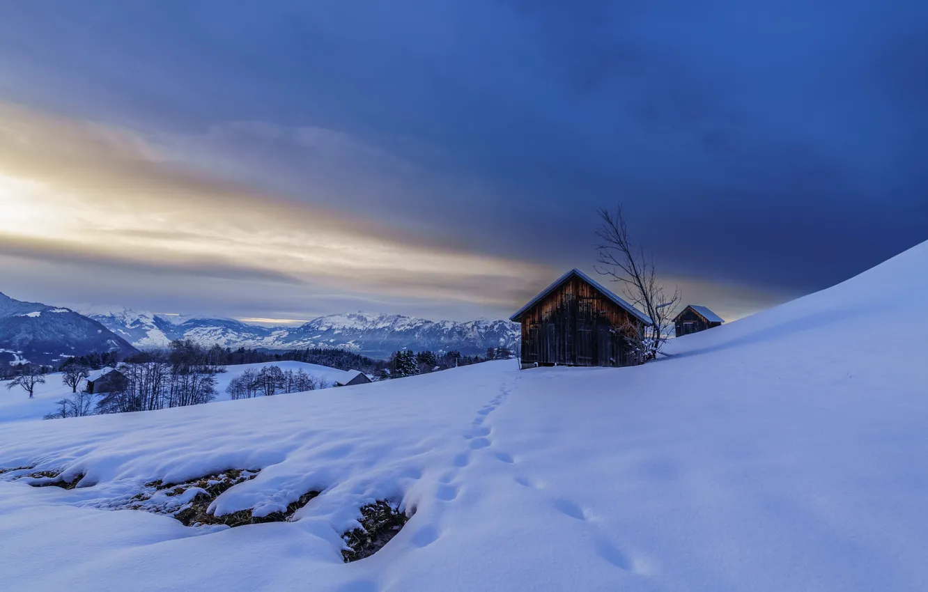 Photo wallpaper winter, snow, mountains, traces, Austria, valley, Alps, the barn
