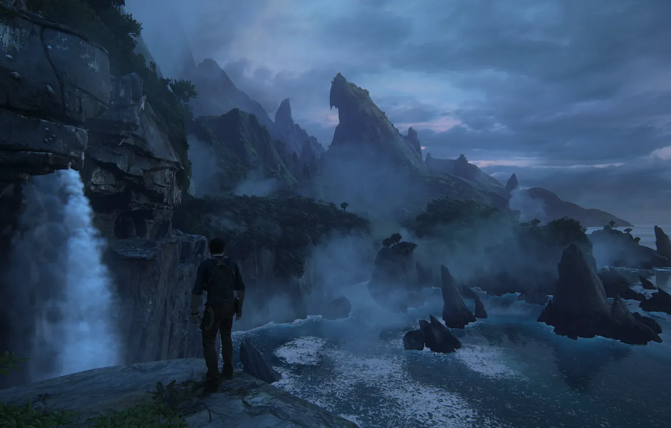 Photo wallpaper rocks, dawn, island, jungle, Naughty Dog, Playstation 4, Uncharted 4: A Thief's End, Nathan Drake