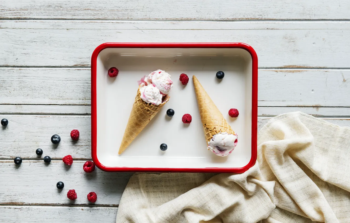 Photo wallpaper berries, raspberry, blueberries, ice cream, dessert, wood, waffle cone, Ice cream