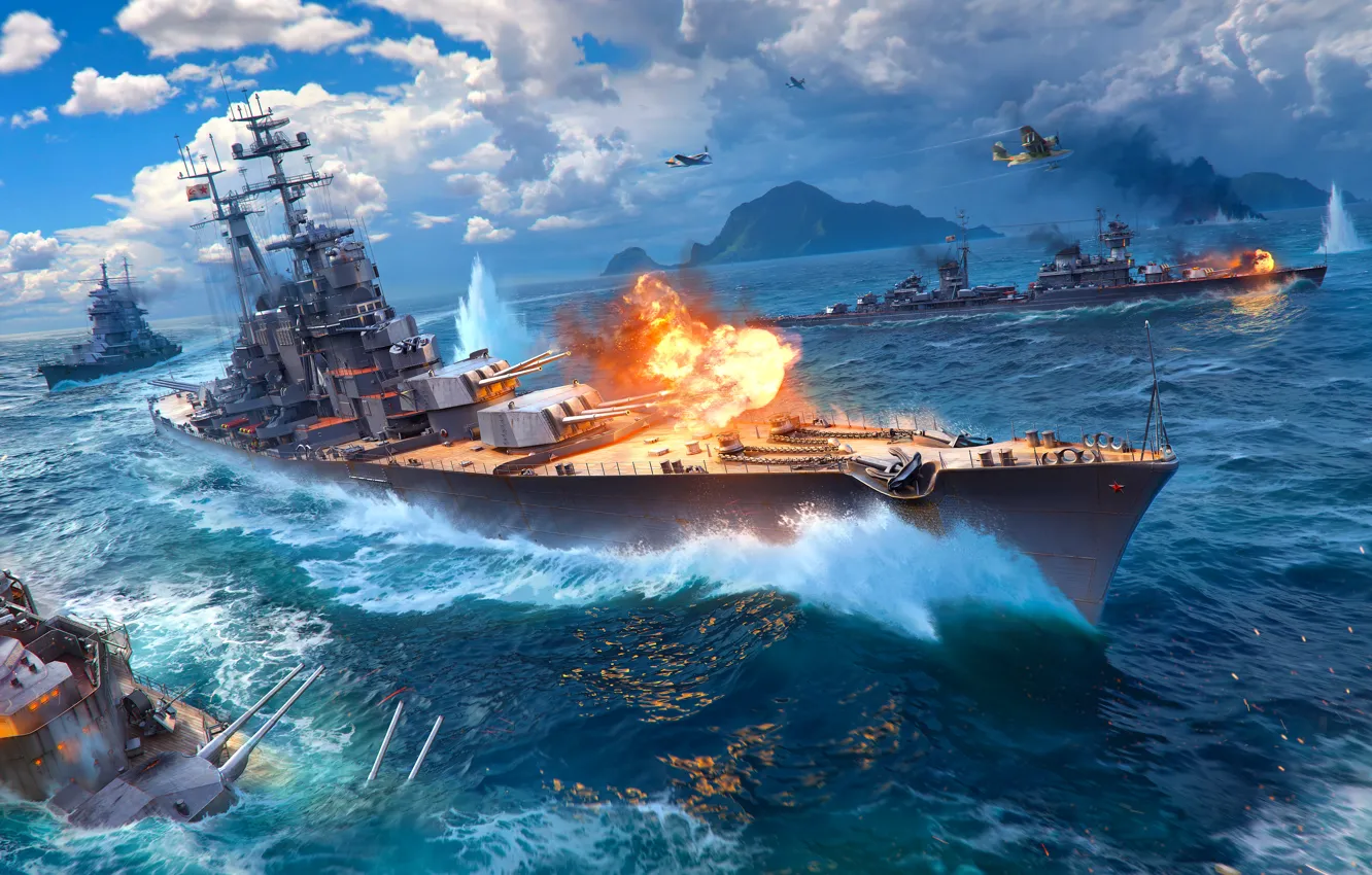 Photo wallpaper wave, the sky, water, clouds, mountains, lights, flame, smoke